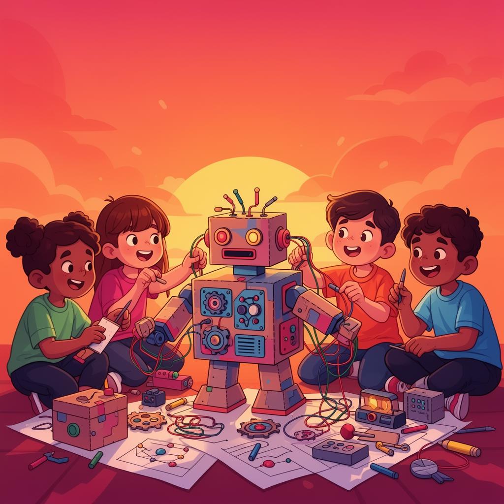 Children building creative inventions together in a workshop